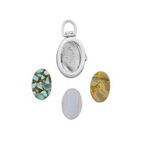 925 Sterling Silver Interchangeable Locket Pendant Approx 7.5x11.5mm 4.79cts Blue Lace Agate, Bumblebee Jasper & Turquoise Oval Flat