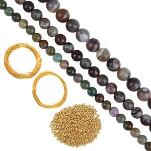  Botswana Agate, 8mm 10mm & 12mm, Gold Plated Base Metal Wire Project