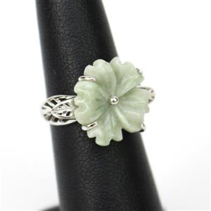 7.58ct Type A Moss-In-Snow Burmese Jade Sterling Silver Flower Ring . Size 6 