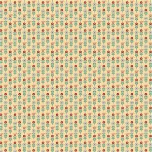 Poppie Cotton Chick-A-Doodle-Doo Tulip Row on Yellow Fabric 0.5m UK exclusive