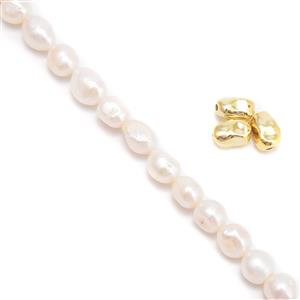 1 x 38cm Strand Of Long Drilled Nugget Freshwater Cultured Pearls Approx 9-10mm With 3 x Gold Plated Sterling Silver Keshi Style Spacers
