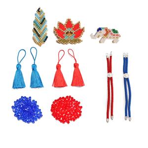 Zen Seedbead Charms Kit; 3 x charms, 2 x rope bracelets, 4 x tassels, 6mm red bicones (100pcs), 6mm blue bicones (100pcs)