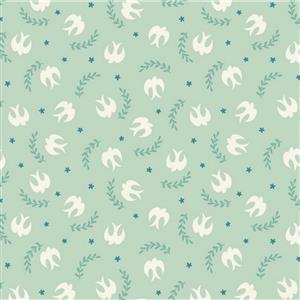 Lewis & Irene Spring Hare Reloved Collection Swirling Birds Mint Fabric 0.5m