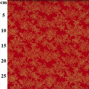 100% Cotton Gold Holly Leaves on Red 0.5m