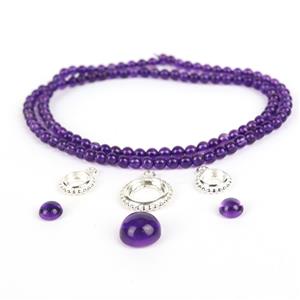 Purple triple Trouble; 3 x Sterling Sliver Beaded Bezel Charm with Amethyst Round Cabochons & Amethyst Plain Rounds Approx 3mm