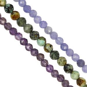 32cts Tanzanite, Turquoise & Amethyst Faceted Rounds Approx 3mm, 20cm Strand
