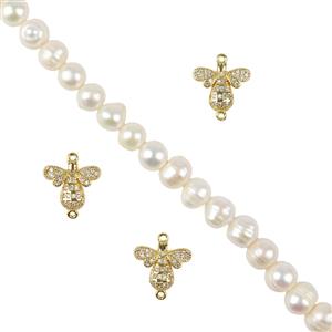 Pearl Quick Makes - Gold Plated Base Metal Bee Connectors, 3pcs  with White Freshwater Cultured Ringed Potato Pearls, Approx 8-9mm, 38cm Strand