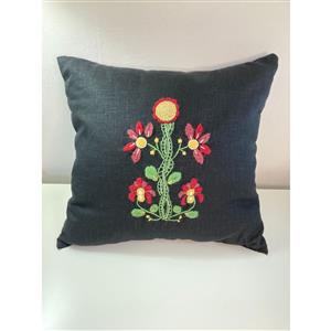 Little House of Victoria Red Auricula; Wool Threads & Pure Black Linen Large Panel