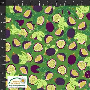 Garden Passion Leafy Fruit on Green Fabric 0.5m