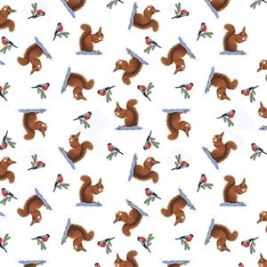 Lewis & Irene Tomtens Forest Friends Collection Squirrels White Fabric 0.5m