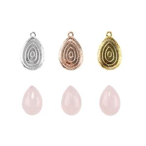 925 Sterling Silver Drop Bezel Cups Approx 10x15mm (3pcs - Silver, Gold Plated & Rose Gold Plated) with Rose Quartz Cabochons Approx 8x12mm (3pcs)