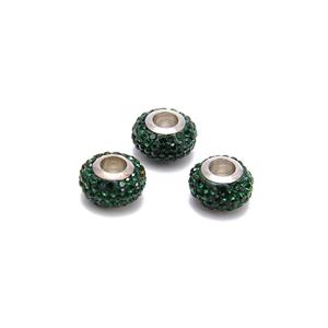 Silver Plated Base Metal Rondelles with Green Stones 8x13mm (3pcs)