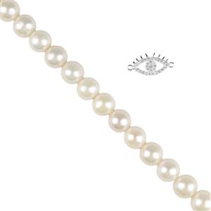 Seeking Pearls -925 Sterling silver Eye Clasp, White Freshwater Cultured Near Round Pearls 9-10mm