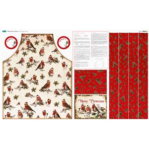 Debbi Moore Red Winter Robins in Hats Apron Fabric Panel (140 x 88cm)