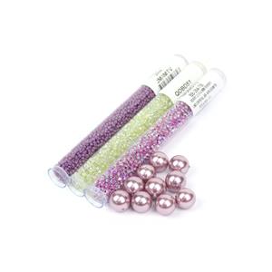Berry Trouble; Raspberry Lined Crystal Bead, Sparkle Celery Lined Crystal Beads, 12mm Shell Pearl Rounds& 11/0 Seed Beads