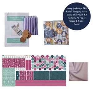 Jenny Jackson's EPP Floral Scrappy Hexie Zippy Slip Pouch Kit: Pattern, 70 Paper Pieces & Fabric Panel
