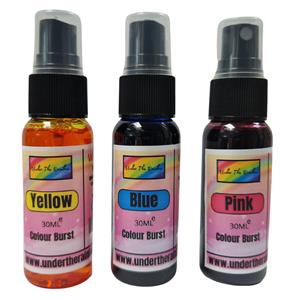 Pack of 3 Colour Burst Inks, Pink, Yellow, Blue vibrant spray inks in 30ml Bottles