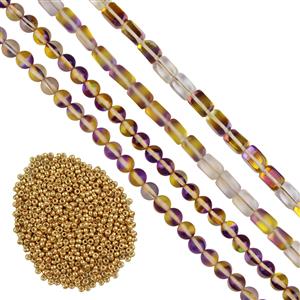 Mystic Aura Quartz Bundle Yellows and Purples, Gold Seed Bead Project With Downloadable Instructions By Claire Macdonald