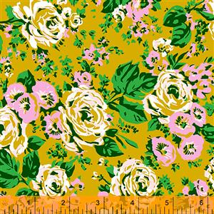 Posy Bright Big Roses On Olive Fabric 0.5m
