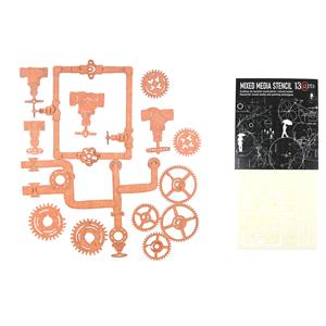 13Arts Industrial Zone Extras Collection, (Pipes & Chain Stencil/Pipes & Gears Chipboard Set)
