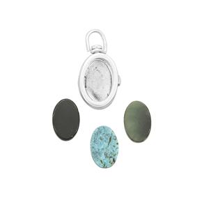925 Sterling Silver Interchangeable Locket Pendant Approx 7.5x11.5mm 5.53cts Burmese Jade, Turquoise & Black Onyx Oval Flat