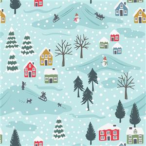 Lewis & Irene Snow Day Collection Playful Scenes Icy Blue Fabric 0.5m