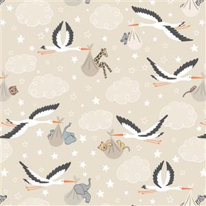 Lewis & Irene Special Delivery Collection Storks Champagne Fabric 0.5m