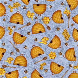 Dan Morris Sweet As Honey Collection Beehives Sky Fabric 0.5m