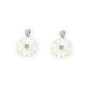 Carved South Sea Mother of Pearl Flower Charms with White Zircon, Approx 20mm, 2pcs