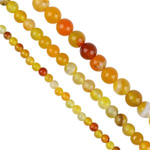310cts Orange Banded Agate Plain Round Approx 4mm, 6mm, 8mm, Set of 3 Strands    