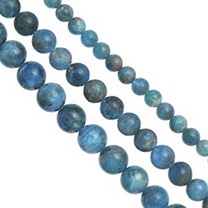 650cts Neon Apatite Smooth Round Approx 6mm, 8mm &10mm, 38cm Strand (Set of 3)