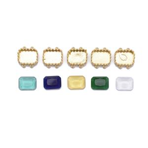 Gold Plated Base Metal Bezel Rectangle Connector with 4 Loops and Flat Back Glass Stones approx. 16x12mm (5pcs) 