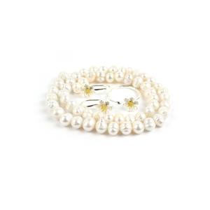Daisy; Sterling Silver Adjustable Flower Ring, Flower Earrings & White Freshwater Cultured Rounds