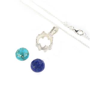 Double Whammy; Sterling Silver Double Gallery Pendant Mount, Turquoise & Lapis Lazuli Round Faceted & Chain 