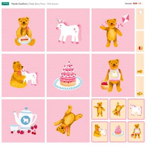 Family Comforts Teddy Bears Picnic Pink Unicorn Fabric Panel (70cm x 70cm)