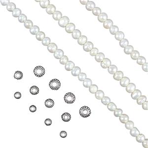 925 Ridged Spacer Beads & 3x Strands 5-6mm White Freshwater Potato Pearls 