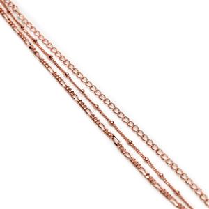 Rose Gold Plated 925 Sterling Silver Triple Chain Bracelet Approx 18cm + 3cm Extender Chain (Beaded Curb, Curb & Figaro)