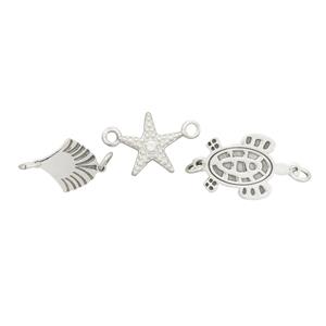 925 Sterling Silver 1x Star Fish Connector, 1x Sea Shell Connector, 1x Turtle Connector With 0.04cts White Topaz Approx 19x13mm