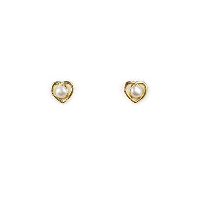 Gold Plated 925 Sterling Silver Open Heart Ear Studs, Approx 10mm with 4mm White Freshwater Pearl Buttons
