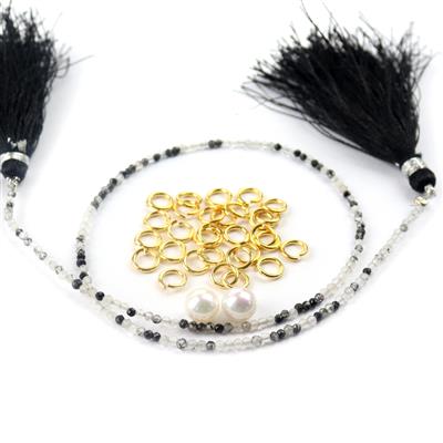 Classic Pearl- Rutile Quartz Strand, Pearl Rounds (2pc), Gold Plated Jumprings 4mm (30pc)