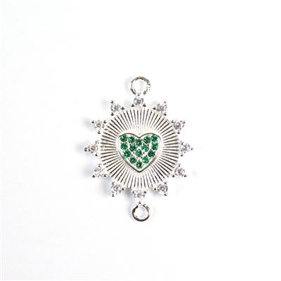 925 Sterling Silver Sun Connector With Green Cubic Zirconia Heart Approx 15x20mm