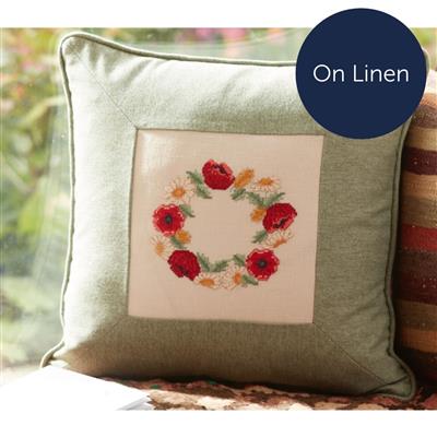 Cross Stitch Guild Poppy & Daisy Garland Cushion on Linen 