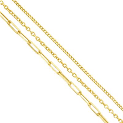 Gold Plated 925 Sterling Silver Chain Spool Bundle, Curb, Flat Long Link and Cable, Chain 1m
