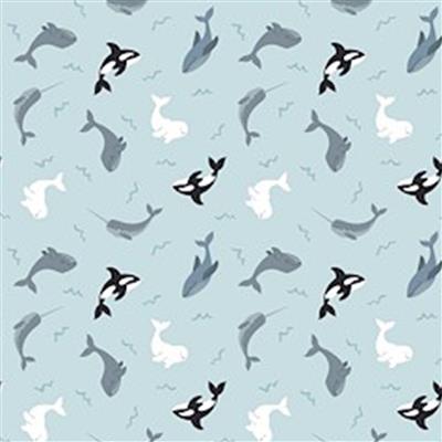 Lewis & Irene Small Things Polar Animals Whales on Icy Blue Fabric 0.5m