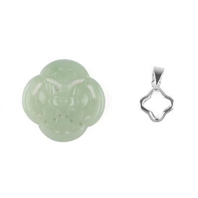 Type A Green Jadeite Hollow Carved Lotus with 925 Sterling Silver Clover Shaped Pinch Bail