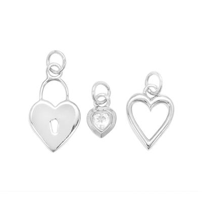 925 Sterling Silver Set of 3 Heart Charms 