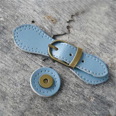 Sew on Light Blue Leather Magnetic Snap Buckle (11cm x 3cm)