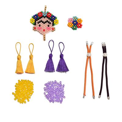 Frida Kahlo Inspired Seedbead Charms Kit; 3 x charms, 2 x rope bracelets, 4 x tassels, 6mm purple bicones (100pcs), 6mm yellow bicones (100pcs)