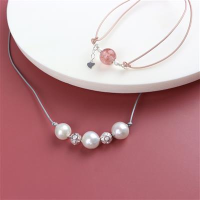 3x Strawberry Quartz Rounds & 3x White Freshwater Potato Pearl with Eyelets, Silver & Rose Gold Leather Cord, 1m, includes 925 Sterling Silver