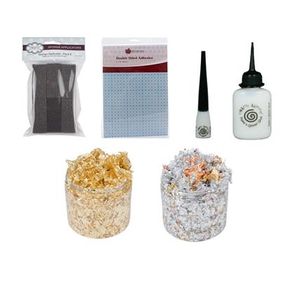 Cosmic Shimmer Gilding Flake Bundle - 2x Gilding Flake Pots, Sponges, Glue, Highlighter & Adhesive Sheets